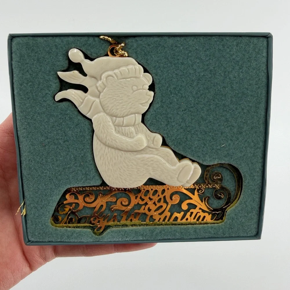 Lenox Ivory Teddy Bear on Gold Sled Baby's First Christmas 1998 Ornament in Box